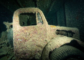 A truck inside SS Thistlegorm wreck, Red Sea, Egypt