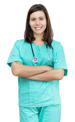 Laughing german female nurse with long hair