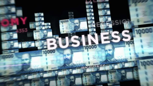 Chile Peso money loop 3d animation. Camera flying between CLP banknotes. Finance, economy, crisis, business success, recession, debt and tax seamless looped concept.
