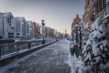 Winter view of the beautiful Long Quay in Gdańsk. Frosty December morning.