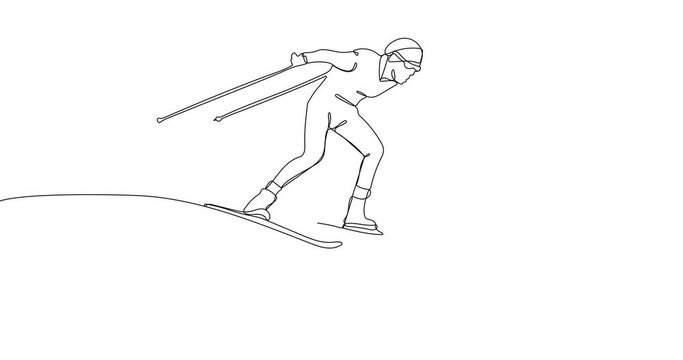 Animated continuous one line drawing of   skier athlete. Skiing competition. Winter season sport.