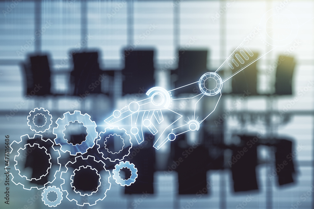 Aufkleber double exposure of abstract virtual robotics technology hologram on a modern meeting room background