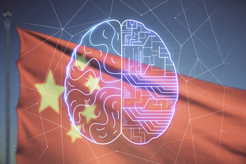 Virtual creative artificial Intelligence hologram with human brain sketch on Chinese flag and sunset sky background. Double exposure
