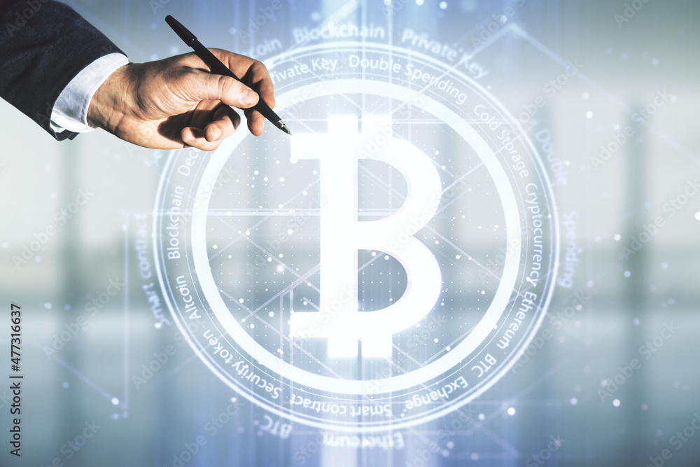 Poster man hand with pen working with virtual bitcoin sketch on blurred office background. double exposure