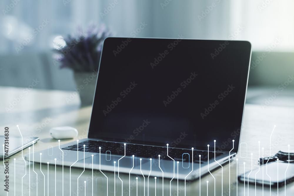 Poster creative abstract micro chip hologram on modern computer background, artificial intelligence and mac