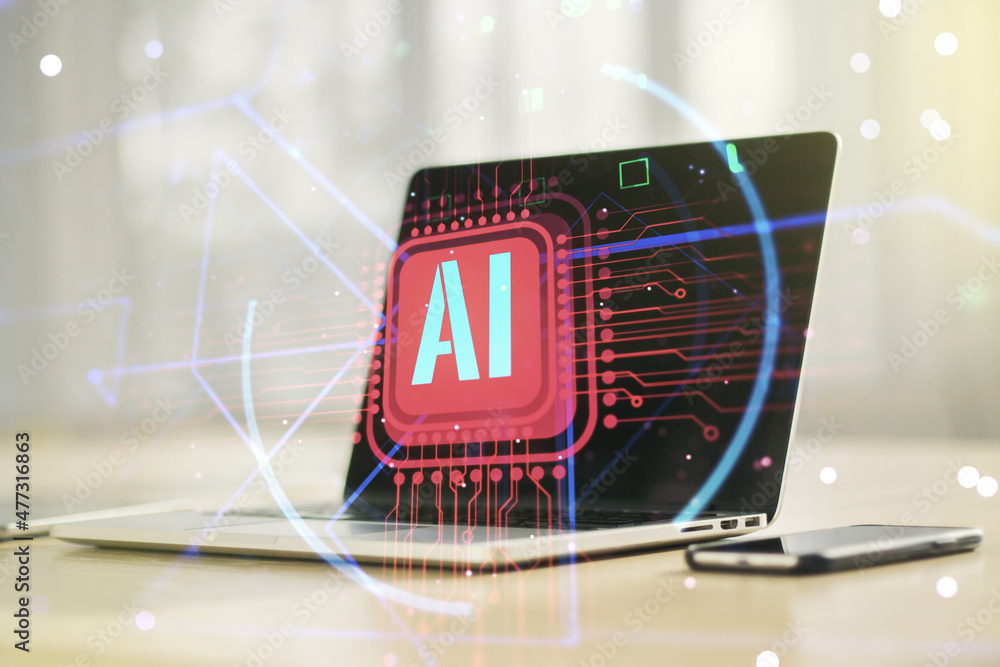 Poster double exposure of creative artificial intelligence abbreviation with computer on background. future
