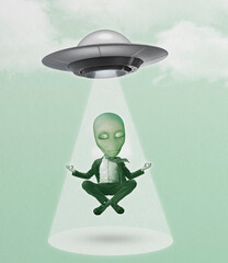 Green alien with human body sitting in lotus position and meditates in rays of UFO. Contemporary...