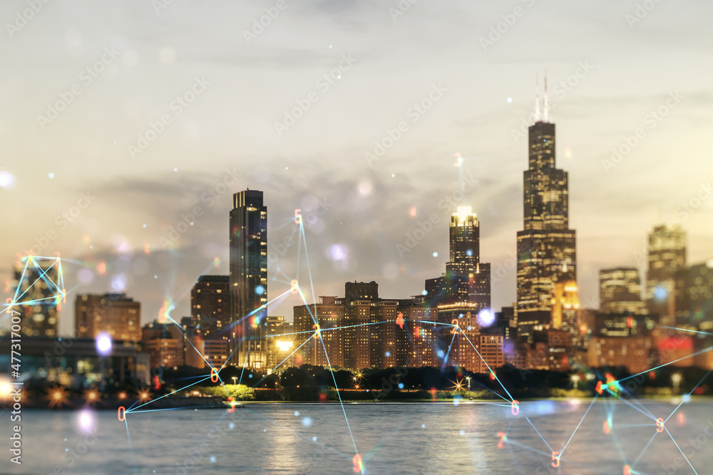 Aufkleber abstract virtual wireless technology hologram on chicago skyline background. big data and database c