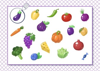 Circle violet color. Kindergarten worksheet to help children strengthen his visual discrimination skills. Different food