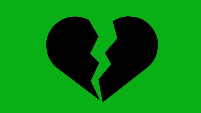 Loop animation of the black silhouette of a heart breaking in half as a concept of lovesickness. On a green chroma key background