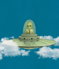 Emotional green alien with human body wearing business style clothes flying in UFO. Contemporary...