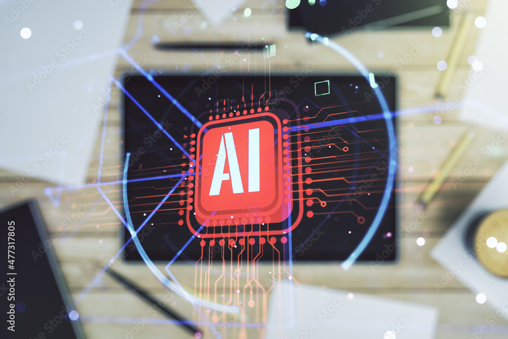Aufkleber double exposure of creative artificial intelligence abbreviation and modern digital tablet on backgr
