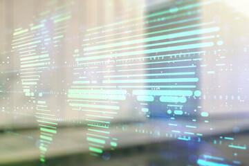 Abstract creative world map interface on blurry modern office building background, international trading concept. Multiexposure