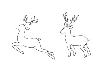 Deers, continuous line drawing, New Year banner. Minimal design. Template for Christmas flyers, greeting cards, neon, brochures. Isolated vector illustration.