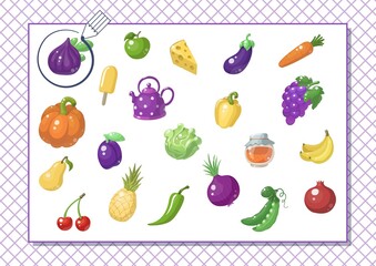 Circle violet color. Kindergarten worksheet to help children strengthen his visual discrimination skills. Different food.