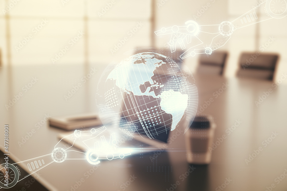 Aufkleber double exposure of robotics technology with world map hologram on laptop background. research and de