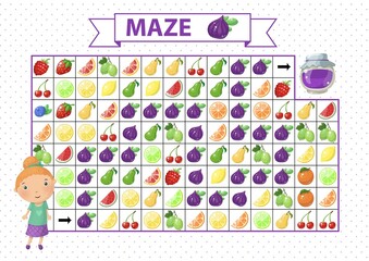 Maze game for children. Find the correct path by violet. Cartoon girl and jam
