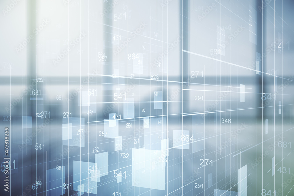 Poster double exposure of abstract creative statistics data hologram on empty room interior background, ana