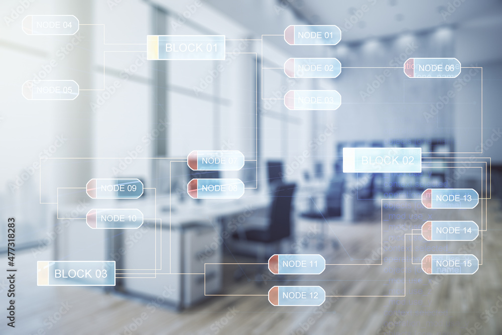 Poster multi exposure of abstract programming language hologram on a modern furnished office interior backg