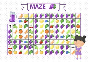 Maze game for children. Find the correct path by grape. Cartoon girl and juice in jar