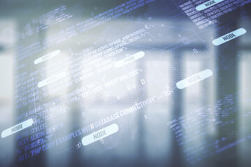 Multi exposure of abstract creative coding sketch and world map on empty corporate office background, artificial intelligence and neural networks concept