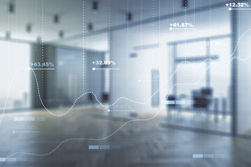 Multi exposure of creative statistics data hologram on modern corporate office background, stats and analytics concept