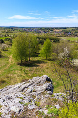 Fototapeta premium Beautiful lime rocks formation near Rzedkowice village in Polish Jurassic Highland on sunny spring day, Poland