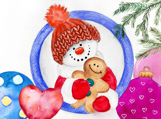 Watercolor illustration a funny snowman in knitted hat and red coat with gingerbread cookie and some Christmas balls