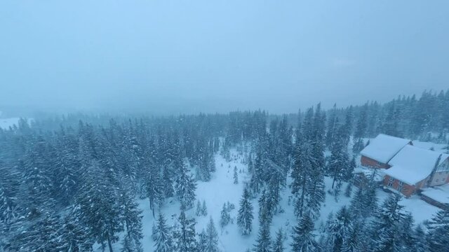 Snowy white beautiful landscape in the mountains. Frozen mountain valley with forests and ski slopes. Blizzard. Snowfall.