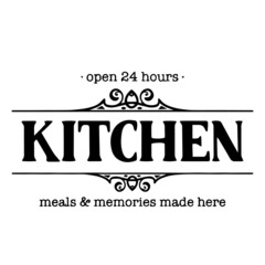 open 24 hours  kitchen meals and memories made here background inspirational quotes typography lettering design