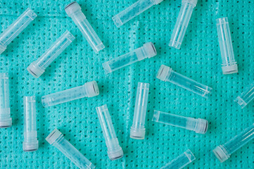 Plastic test tubes with caps for the collection of samples. Sampling tubes for laboratory examination.