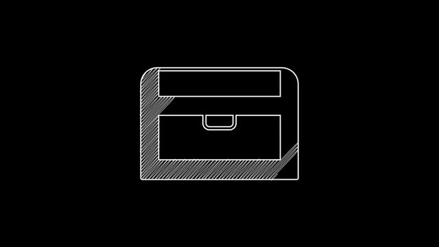 White line Antique treasure chest icon isolated on black background. Vintage wooden chest with golden coin. 4K Video motion graphic animation