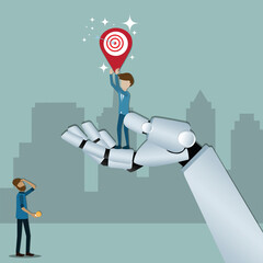 Flat design of business success,Big robot's hand lift the young man up to the target - vector