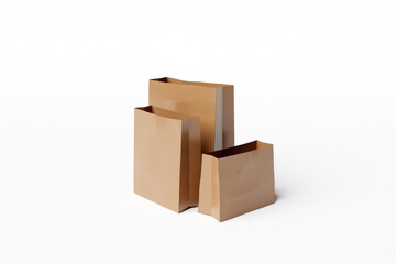 3d illustration brown eco shopping bags made of recycled paper of different sizes on white isolated background. Craft packages
