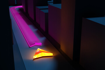 3d illustration of a directional trajectory icon with navigation neon markers, destination among city houses © Виталий Сова