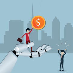 Flat design of business finance,Big robot's hand lift the young man up to the coin - vector