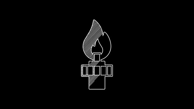 White line Oil rig with fire icon isolated on black background. Gas tower. Industrial object. 4K Video motion graphic animation