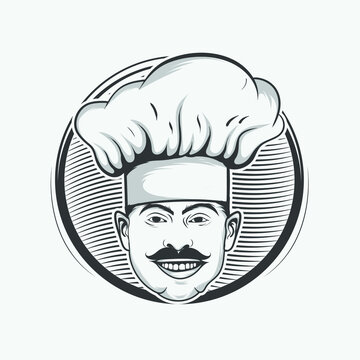 Vintage Hand Drawing Chef Logo Vector Isolated Black And White Illustration Image 