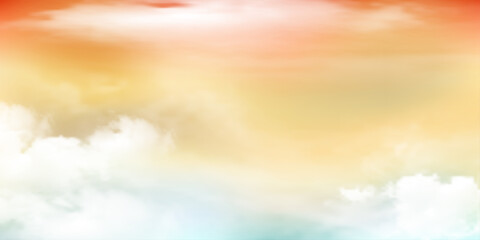 Obraz premium Panorama Clear yellow pink sky and white cloud detail with copy space. Sky Landscape Background.Summer heaven with colorful clearing sky. Vector illustration.Sky clouds background.