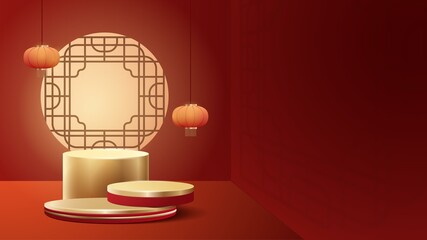 Abstract minimal mock up scene. podium for show product display. stage pedestal or platform. Chinese new year red and gold background. 3D vector