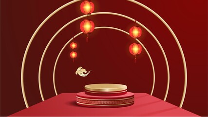 Abstract minimal mock up scene. podium for show product display. stage pedestal or platform. Chinese new year red and gold background. 3D vector