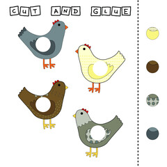 worksheet vector design, the task is to cut and glue a piece on colorful  chickens. Logic game for children.