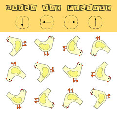Match cartoon chickens  and directions up, down, left and right. Educational game for children.