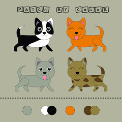 worksheet vector design, challenge to connect the dog with its color. Logic game for children.