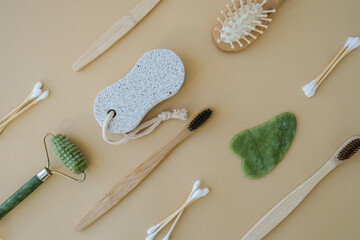 Natural skin care products on neutral beige background, flat lay. Concept of organic, zero waste,...