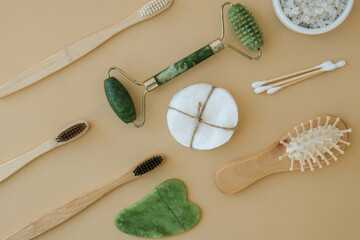 Natural skin care products on neutral beige background, flat lay. Concept of organic, zero waste,...