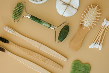 Natural skin care products on neutral beige background, flat lay. Concept of organic, zero waste,...