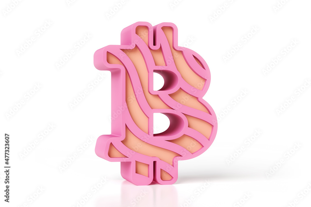 Poster bitcoin sign icon pink and peach matte colors with a pattern made of wavy lines. hi-res lettering re