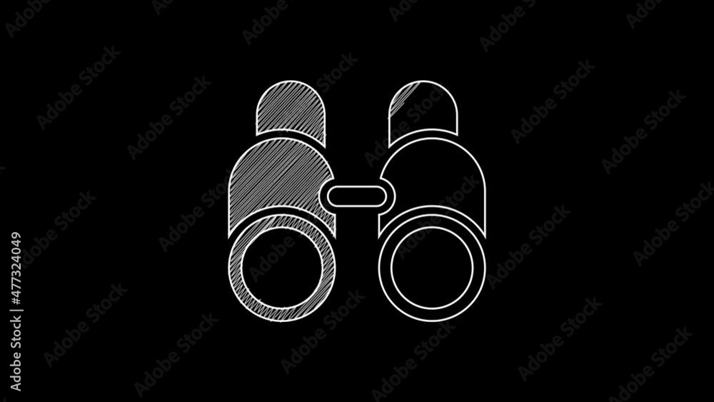 Sticker White line Binoculars icon isolated on black background. Find software sign. Spy equipment symbol. 4K Video motion graphic animation