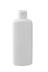 White plastic bottle. Isolated object on white background. Layout for logo. Cosmetic or antiseptic. Front view.